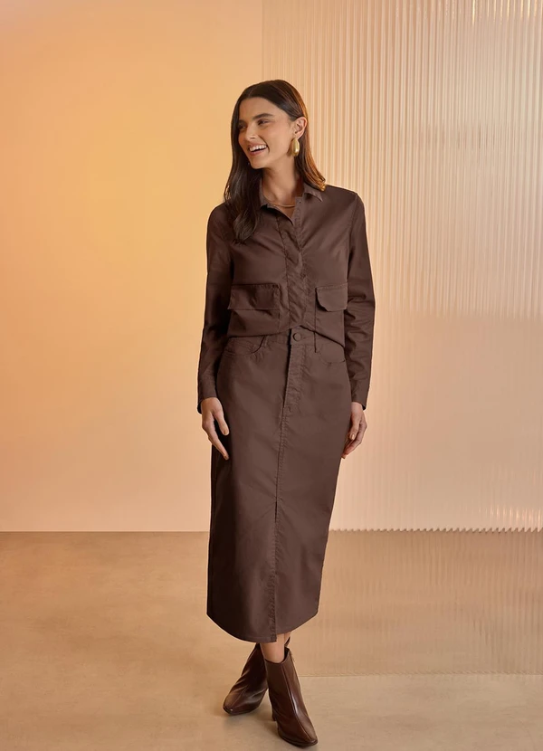 Lunender - Saia Midi Chá em Sarja Chapa Barriga Marrom 3