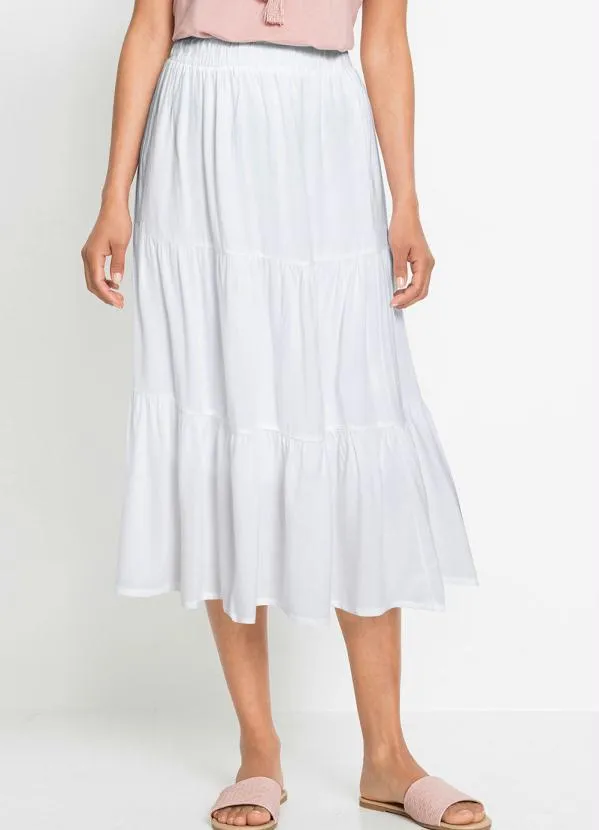 bonprix - Saia Midi Cintura Alta Branca