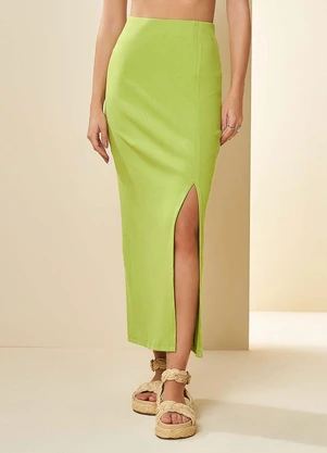 Doce Trama - Saia Midi Cintura Alta com Fenda Verde - DOCE TRAMA