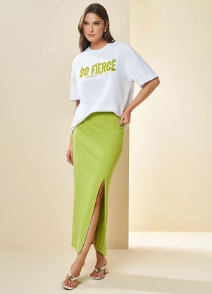 Doce Trama - Saia Midi Cintura Alta com Fenda Verde - DOCE TRAMA