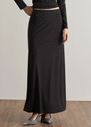 Carlota Costa - Saia Midi com Aplicação de Cristais Preto - CARLOTA COSTA