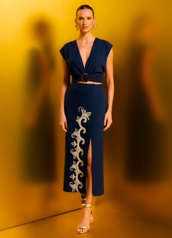 Carlota Costa - Saia Midi com Bordado Cinza 1