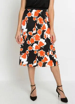 Queima Estoque - Saia Midi com Elástico Floral Laranja - QUEIMA ESTOQUE