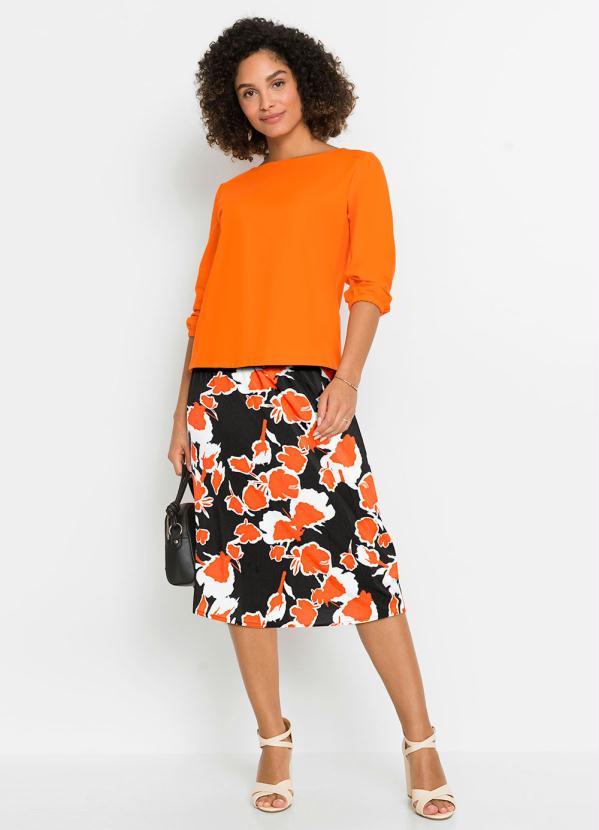 Outlet - Saia Midi com Elástico Floral Laranja 3