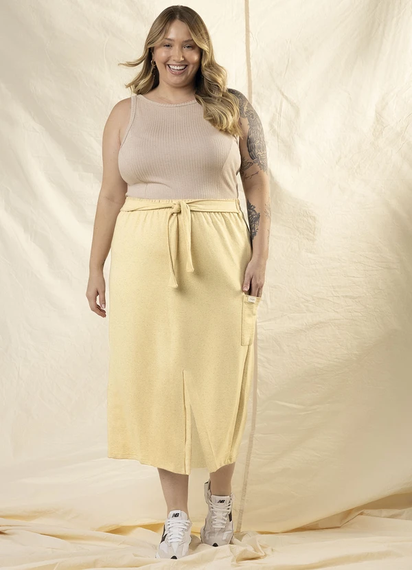 Marialícia - Saia Midi com Fenda Comfy Amarelo 2