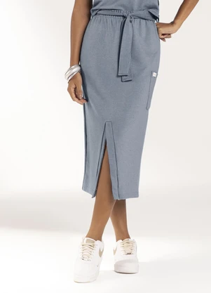 Marialícia - Saia Midi com Fenda Comfy Azul - MARIALÍCIA