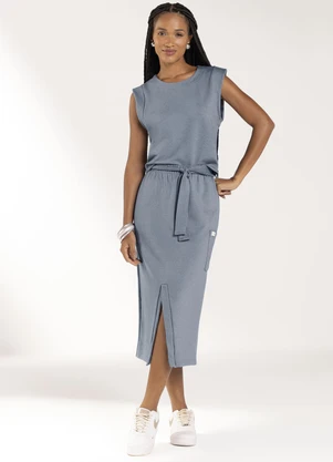 Marialícia - Saia Midi com Fenda Comfy Azul - MARIALÍCIA