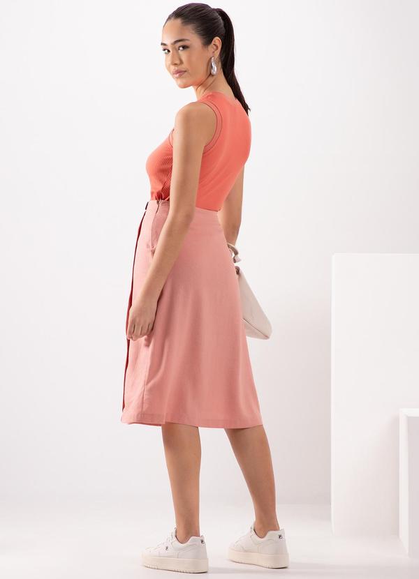 Lunender - Saia Midi com Zíper Lateral em Tecido Linho Rosa 4