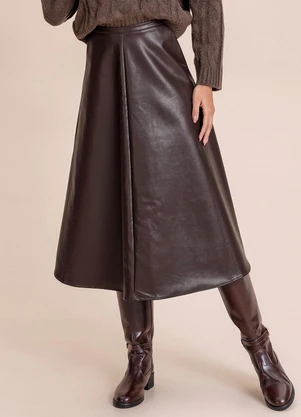 Angel - Saia Midi de Couro Marrom - ANGEL