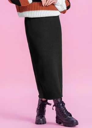 Marialícia - Saia Midi de Tricot Feminina Preto - MARIALÍCIA