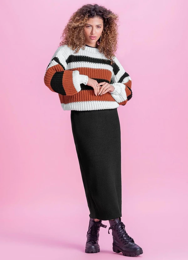 Marialícia - Saia Midi de Tricot Feminina Preto 2