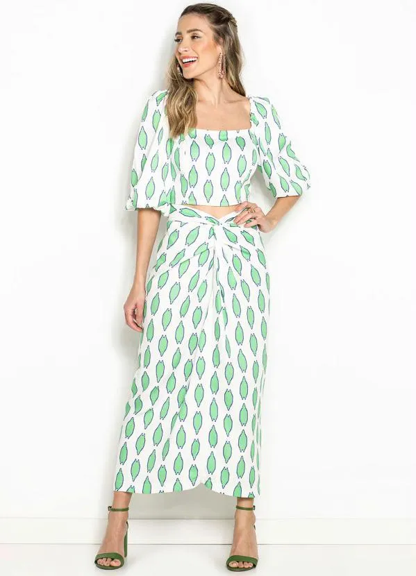 Maria Filó - Saia Midi de Viscose Estampa Tacos Off White 3