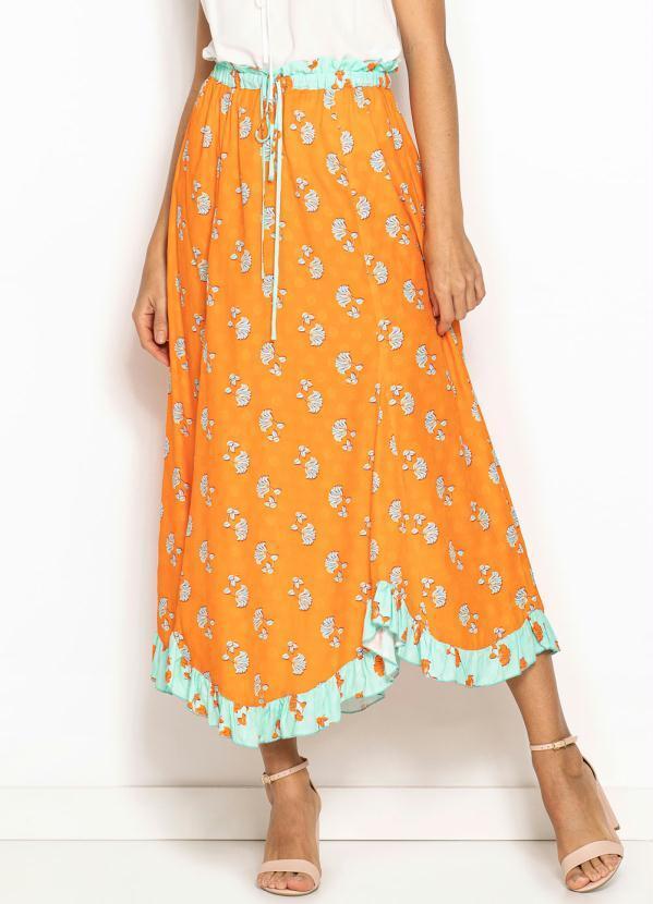Maria Filó - Saia Midi de Viscose Estampa Verano Laranja