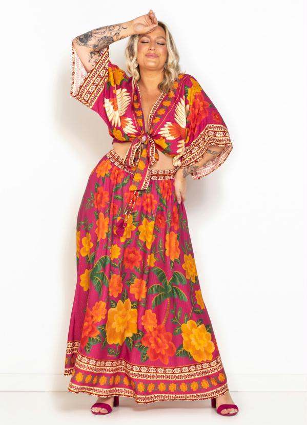 Farm - Saia Midi de Viscose Florenza Rosa 7