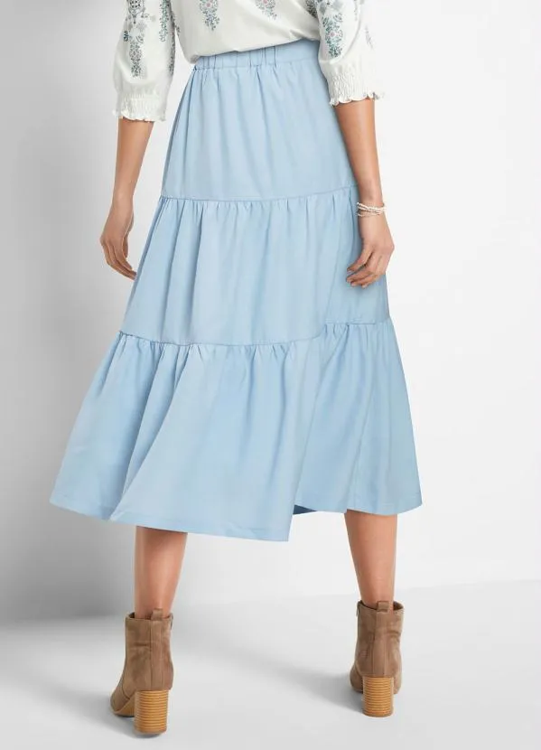 Queima Estoque - Saia Midi em Camadas Azul Claro 2