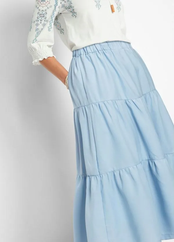 Queima Estoque - Saia Midi em Camadas Azul Claro 3