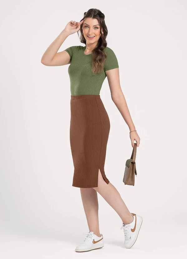 Cativa - Saia Midi em Canelado Marrom Escuro