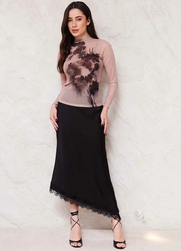 Doce Trama - Saia Midi em Cetim com Renda Sunset Preto