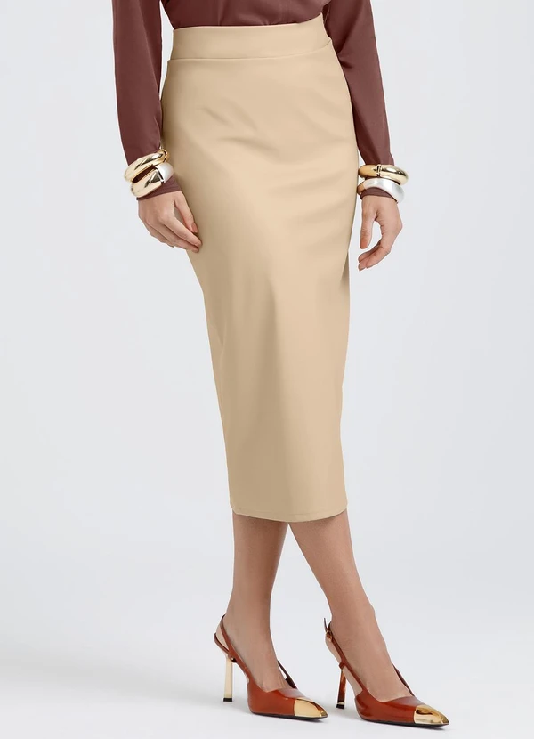 Gris - Saia Midi em Material Sintético Marrom Claro
