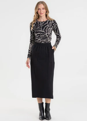 Rovitex - Saia Midi em Molecotton com Fenda Preto - ROVITEX