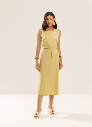 Gris - Saia Midi em Tecido com Linho Amarelo - GRIS