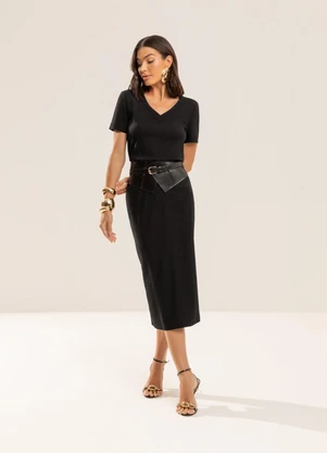 Gris - Saia Midi em Tecido com Linho Preto - GRIS