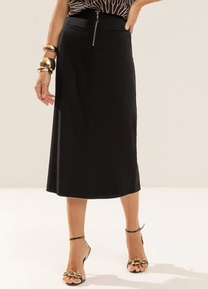 Gris - Saia Midi em Tecido com Linho Preto - GRIS