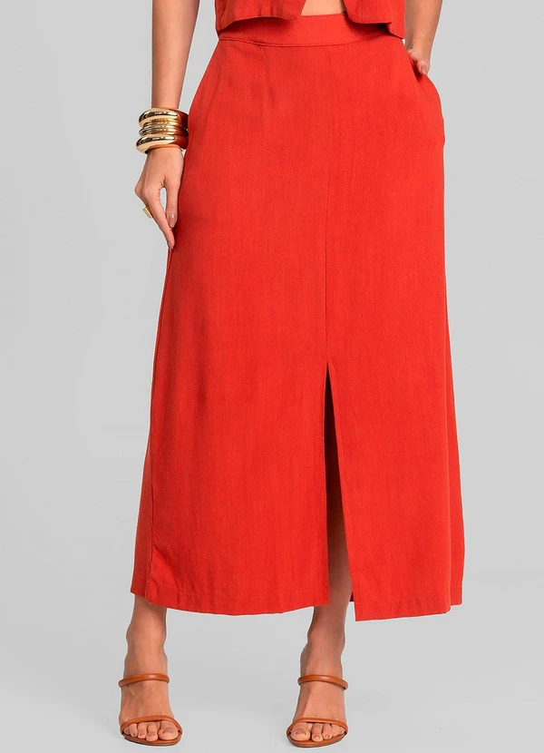 Dianna - Saia Midi em Tecido Linho Laranja