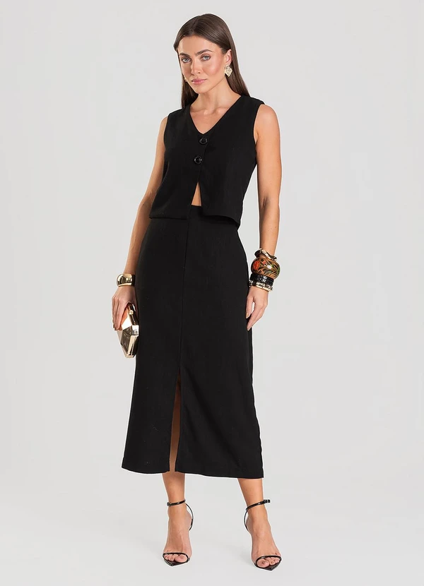 Dianna - Saia Midi em Tecido Linho Preto