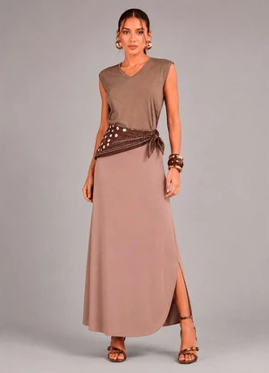 Cereja Rosa - Saia Midi em Viscose com Fenda Lateral Marrom - CEREJA ROSA