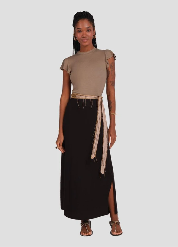 Cereja Rosa - Saia Midi em Viscose com Fenda Lateral Preto
