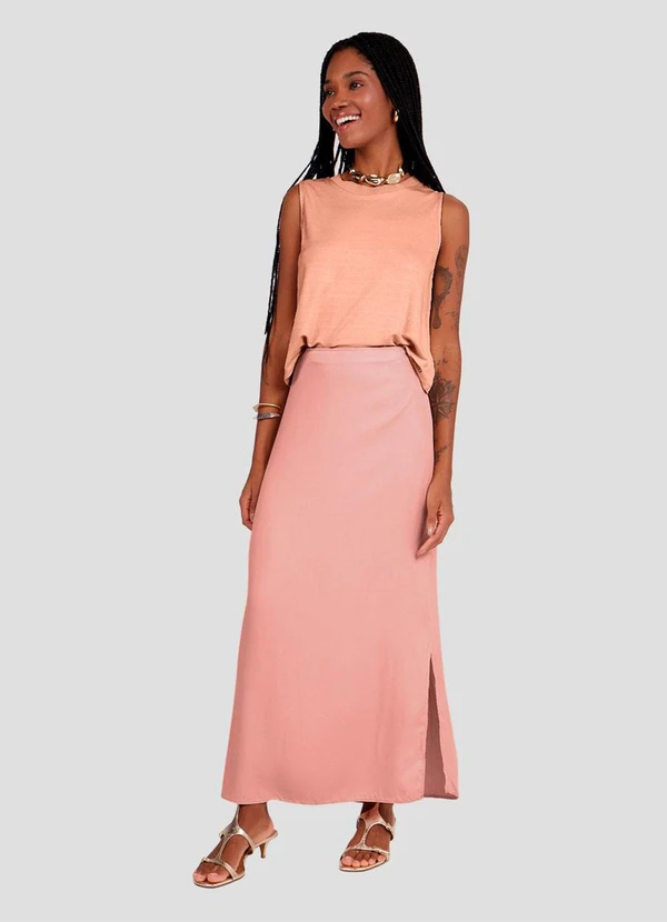 Cereja Rosa - Saia Midi em Viscose com Fenda Lateral Rosa