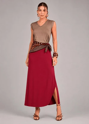 Cereja Rosa - Saia Midi em Viscose com Fenda Lateral Vermelho - CEREJA ROSA