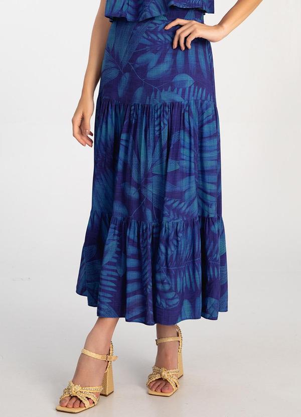 Lunender - Saia Midi em Viscose Estampada com Babados Azul
