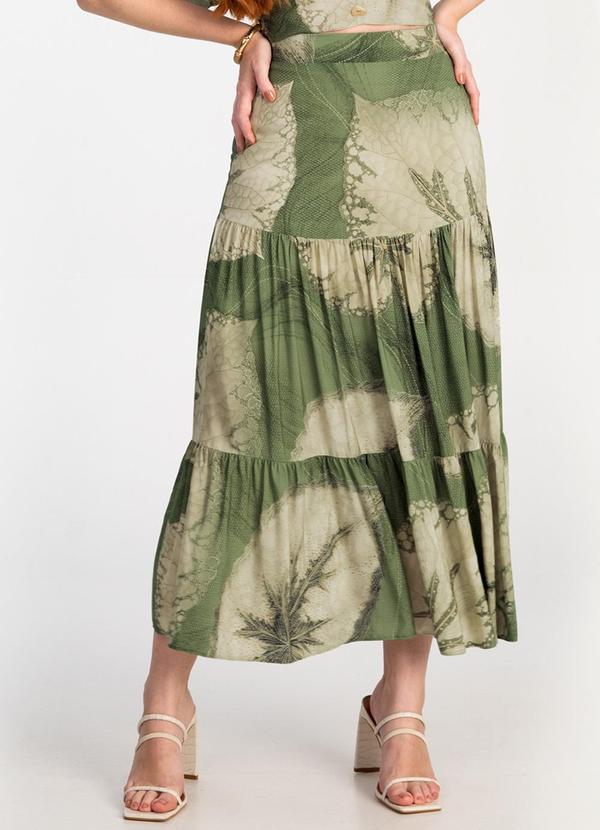 Lunender - Saia Midi em Viscose Estampada com Babados Verde