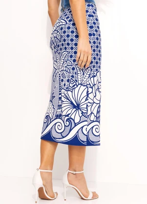 Farm - Saia Midi em Viscose Azul - FARM