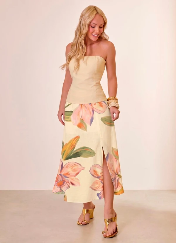 Naguchi - Saia Midi Estampa Exclusiva Amarelo Vanilla