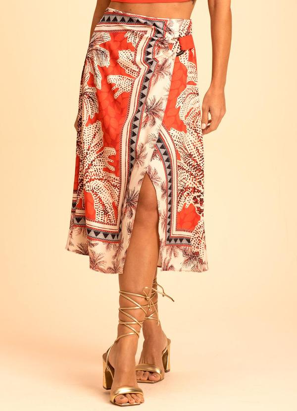Doce Trama - Saia Midi Estampada com Fenda Laranja