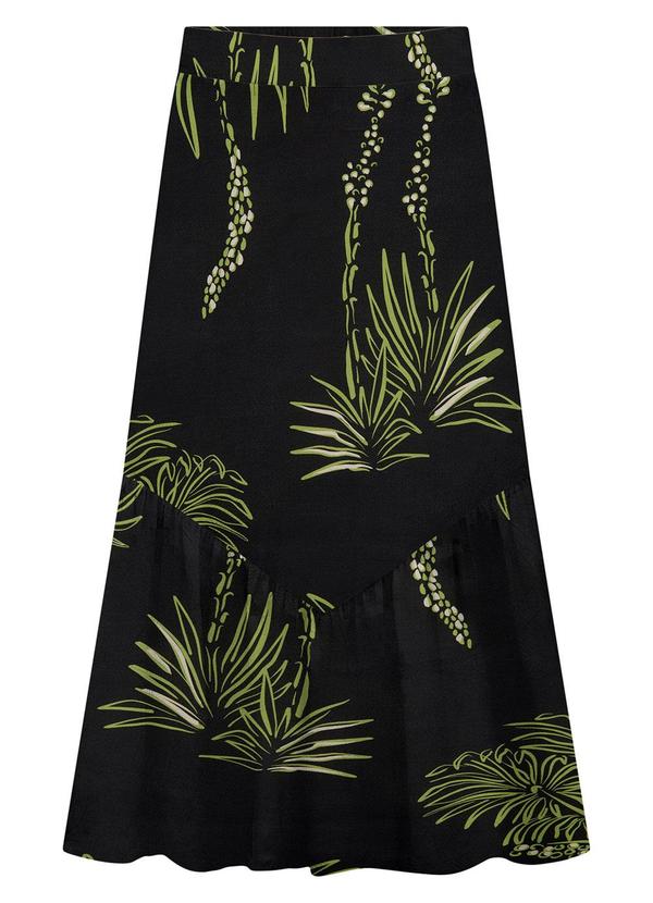Lunender - Saia Midi Estampada em Viscose com Babado Preto