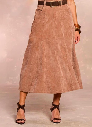 Doce Trama - Saia Midi Ethnic Blur em Veludo Cotelê Marrom - DOCE TRAMA