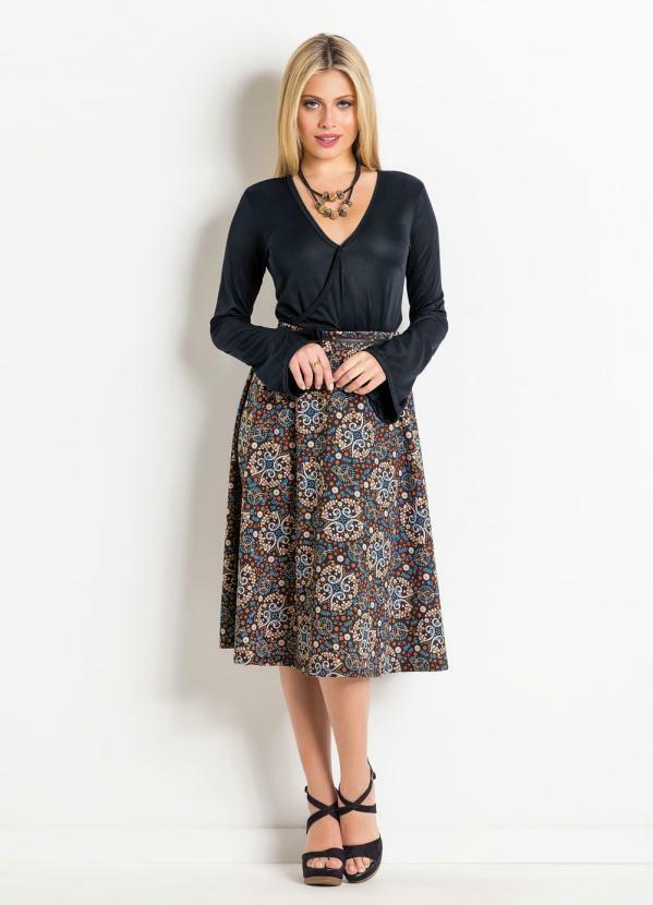 Moda Pop - Saia Midi Evasê Arabescos Cintura Alta 3