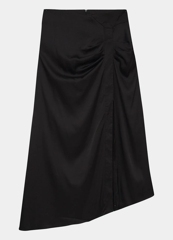 Enfim - Saia Mídi Evasê Assimétrica Preto