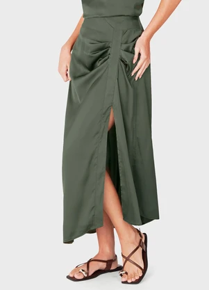 Enfim - Saia Mídi Evasê Assimétrica Verde Militar - ENFIM