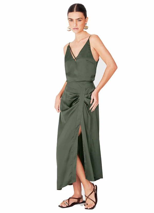 Enfim - Saia Mídi Evasê Assimétrica Verde Militar 2