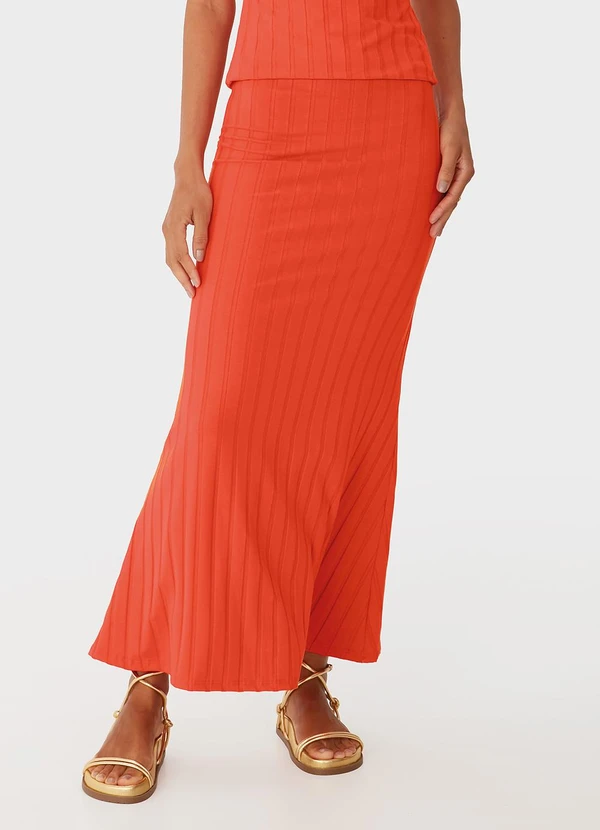 Malwee - Saia Mídi Evasê Canelada Laranja