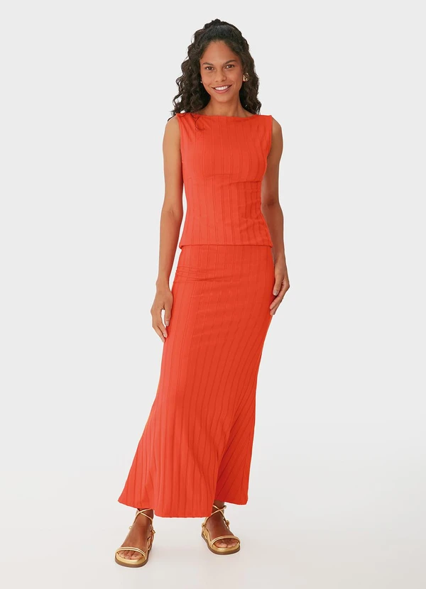 Malwee - Saia Mídi Evasê Canelada Laranja 2