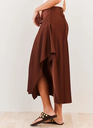 Sofie - Saia Midi Evasê Cetim Cintura Alta Soft Glam - Sof - SOFIE