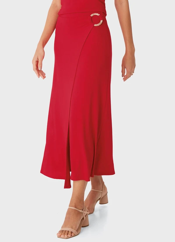Malwee - Saia Mídi Evasê com Argola Vermelho