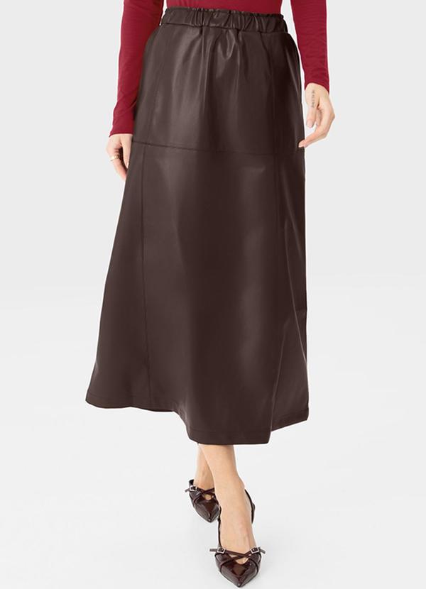 Enfim - Saia Mídi Evasê em Corino Marrom