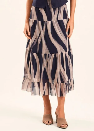 Doce Trama - Saia Midi Evasê em Tule Estampado Duna Azul - DOCE TRAMA